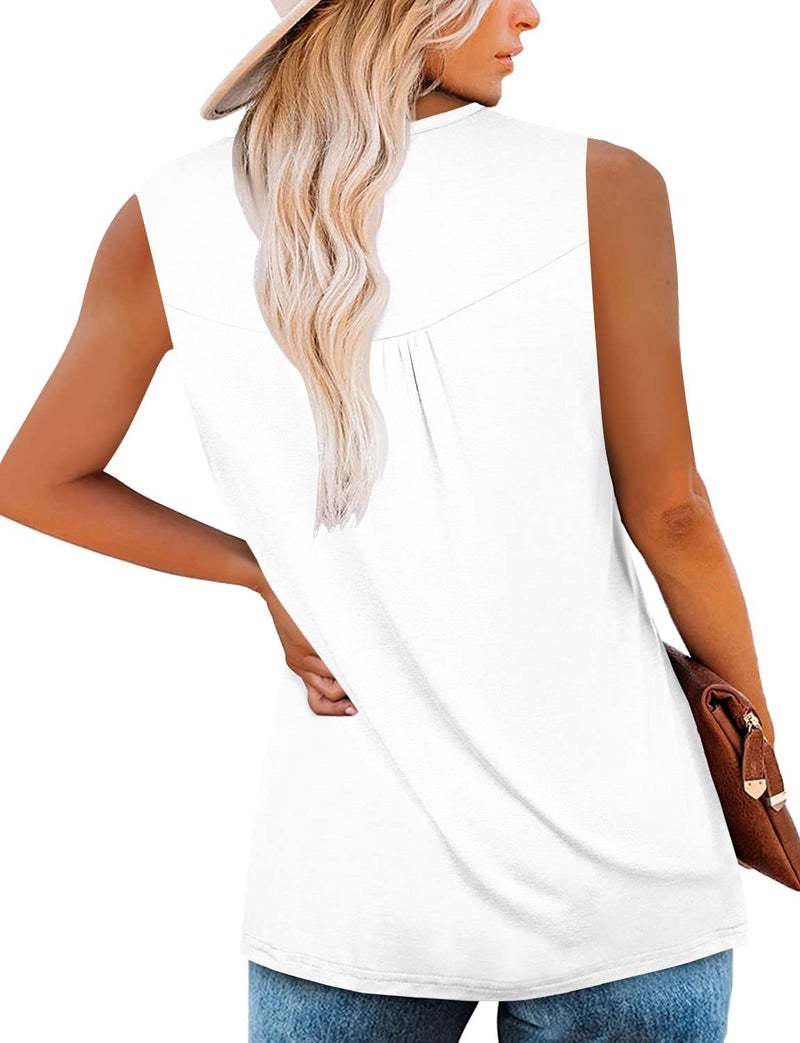 Mystry Zone Women's White Summer Tops Sleeveless Henley V Neck Pleated Casual Flare Tunic Blouse XL - Image 4